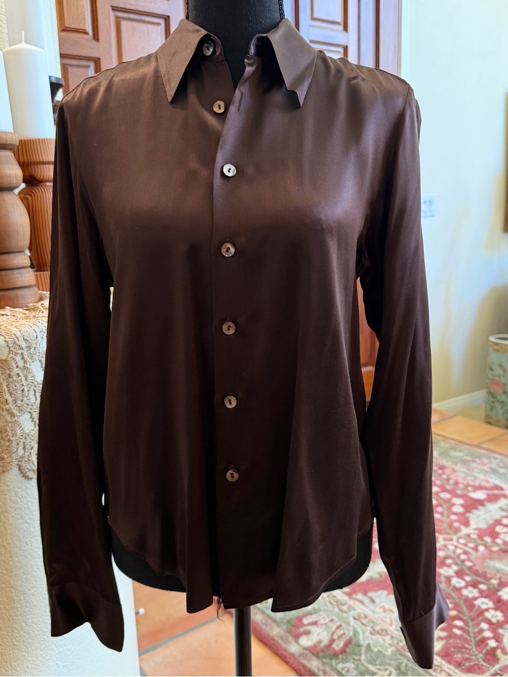 Vintage Y2K PHILIPPE ADEC PARIS Brown 100% Silk Blouse SZ M